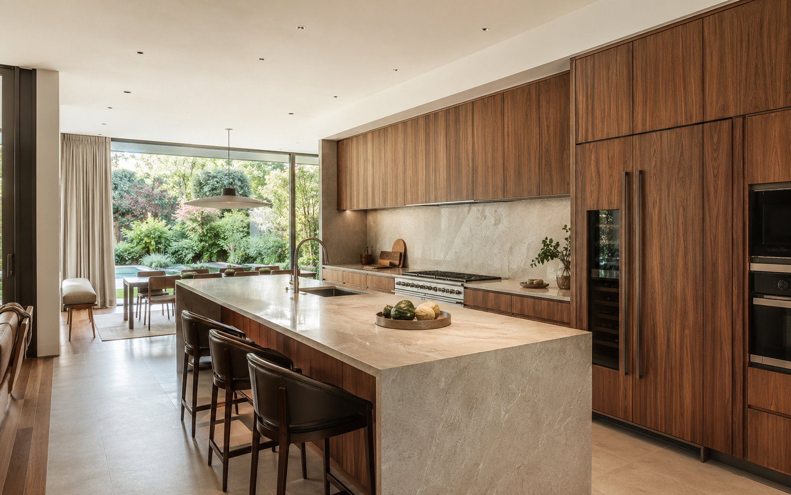 Cocina contemporánea con mobiliario de madera a medida e isla de piedra